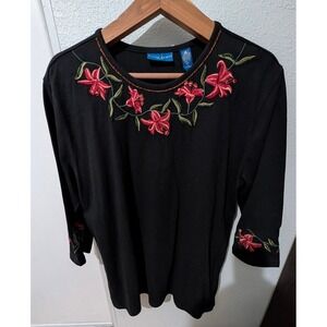 Karen Scott Sport Shirt  Embroidered Floral 3/4 Sleeve Black Cotton Top Size L